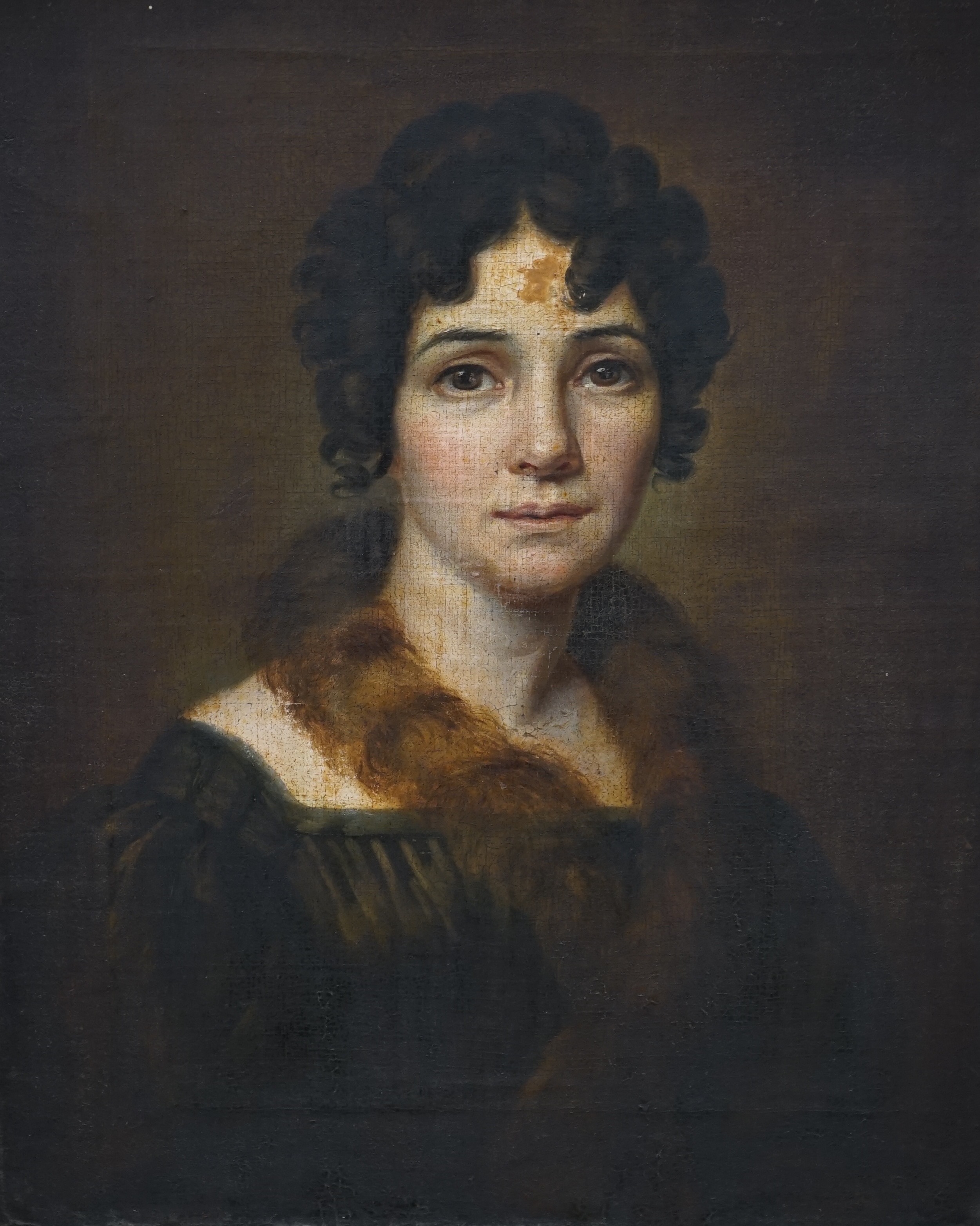 Oil on board, Portrait of a Regency lady, unsigned, 30 x 25cm, gilt framed. Condition - fair, some losses to the frame
